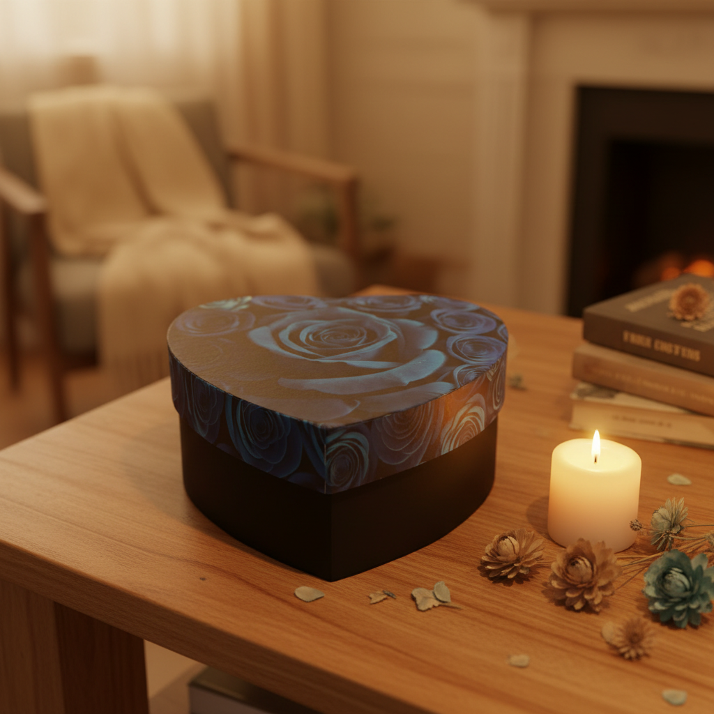 Caja azul corazón cerrada - ambiente cálido