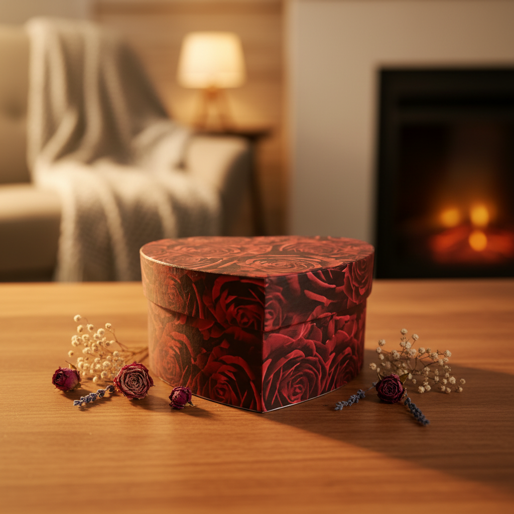 Caja cerrada con diseño de rosas - ambiente cálido